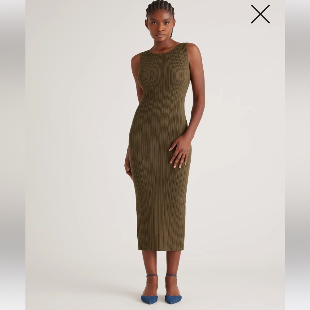 Quince Elegant Olive Green Ribbed Cashmere cotton sleeveless Midi Dress